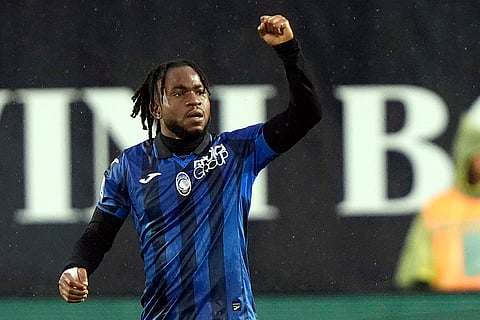 Ademola Lookman celebrates scoring first goal against Fiorentina
